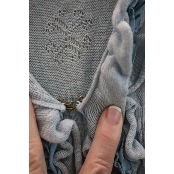 Anthropologie Guinevere Women's Sz M Blue Pointelle Ruffled Curly Top Cardigan - Picture 5 of 12